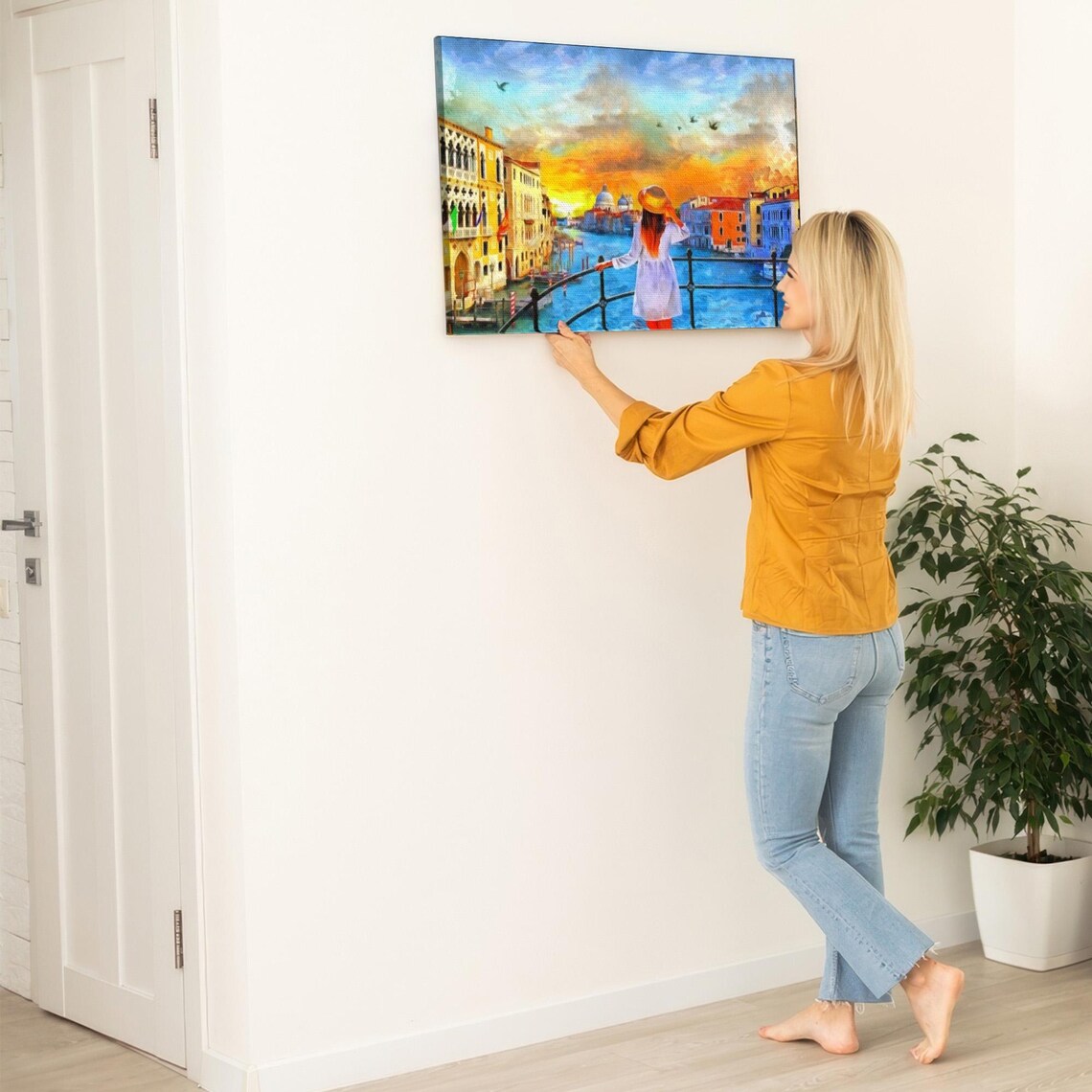 Girl in White Dress Watching Venice Grand Canal Sunset Art Poster - Image 5