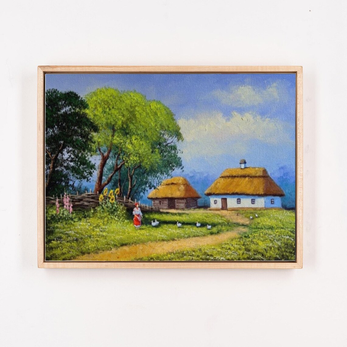 Ukrainian Thatched Village Cottages with Sunflowers Landscape Poster - Image 4