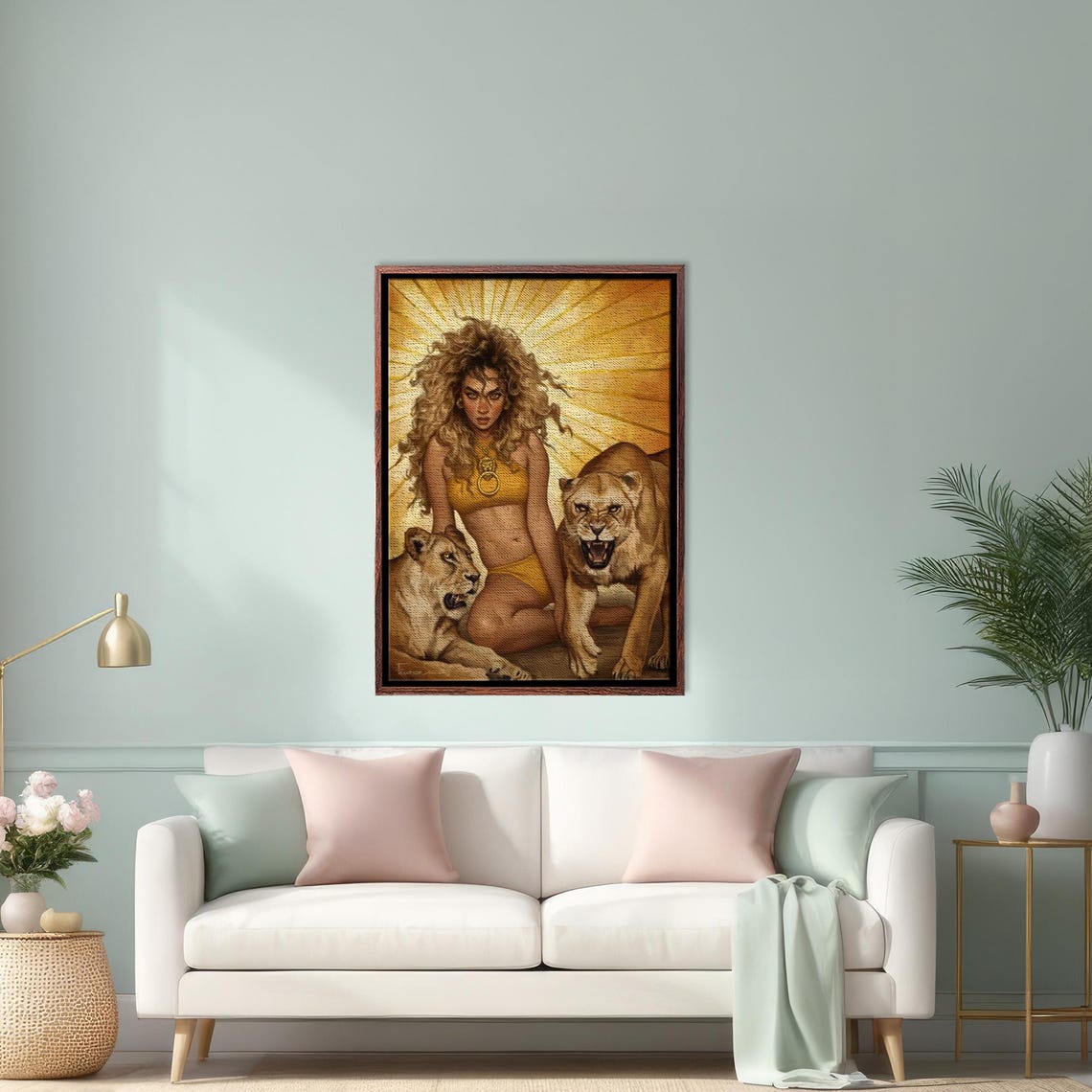 Fierce Wild Woman with Two Lionesses Golden Goddess Art Poster