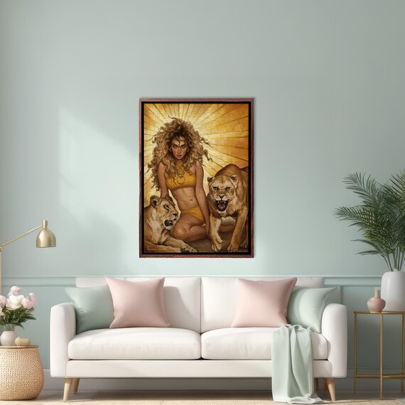 Fierce Wild Woman with Two Lionesses Golden Goddess Art Poster