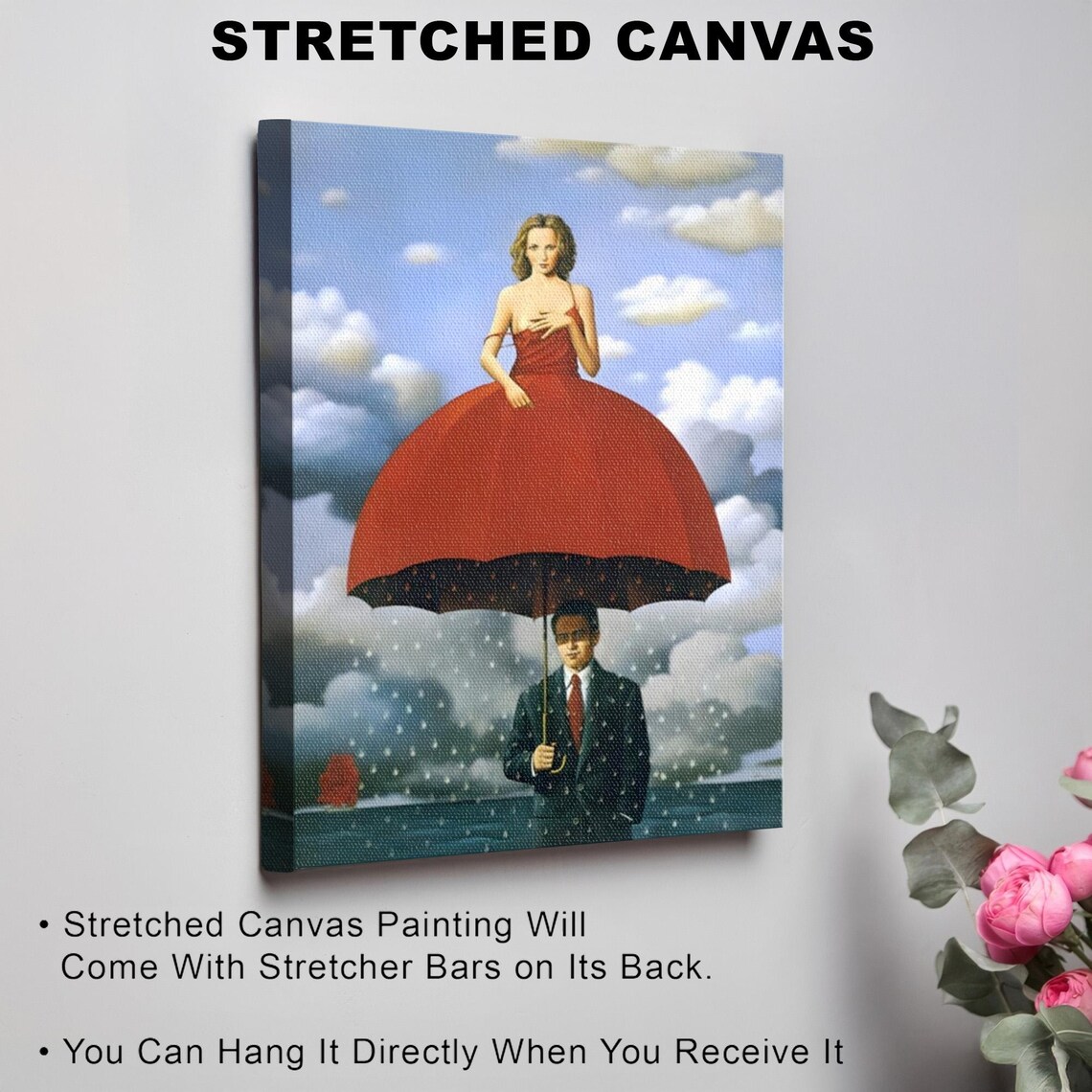 Woman in Red Dress Under Giant Umbrella Surreal Painting Poster - Image 3