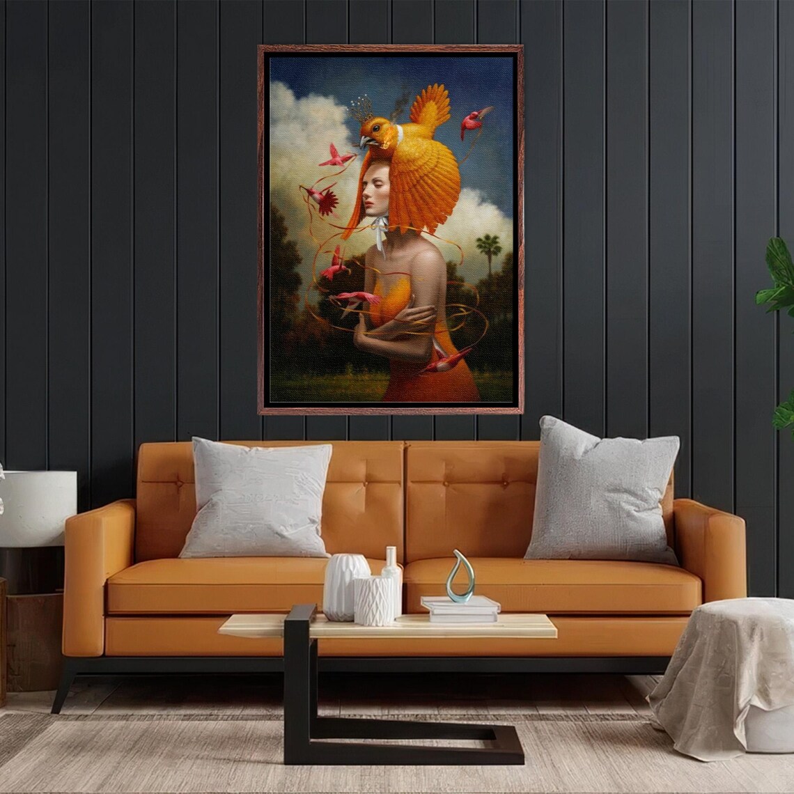 Surreal Woman With Golden Bird Crown In Orange Dress Art Poster - Image 2