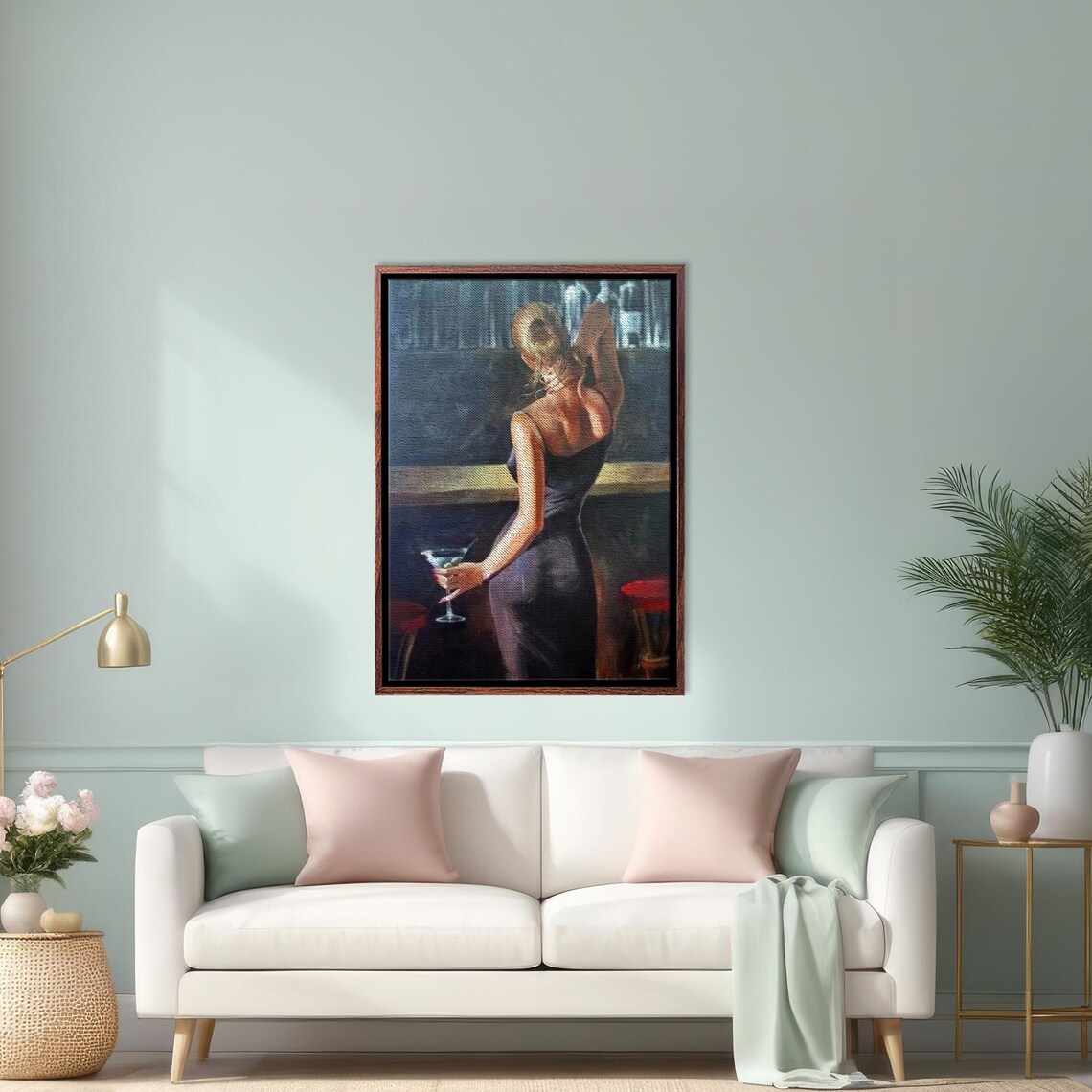 Sophisticated Woman In Black Dress Holding Martini At A Bar Poster