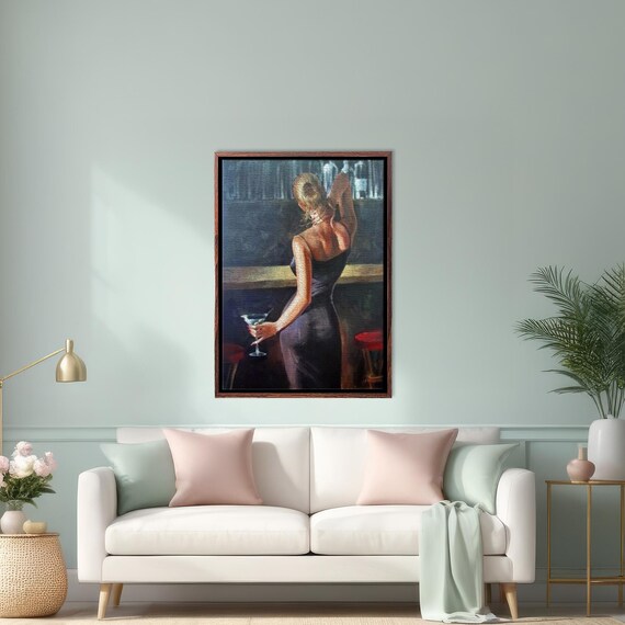 Sophisticated Woman In Black Dress Holding Martini At A Bar Poster