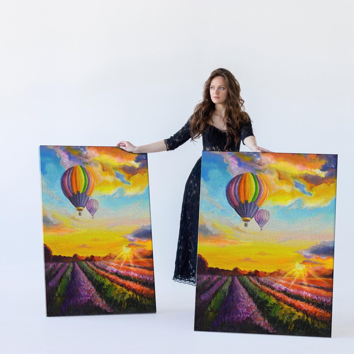 Hot Air Balloon Over Lavender Field At Golden Sunset Painting Poster - Image 5