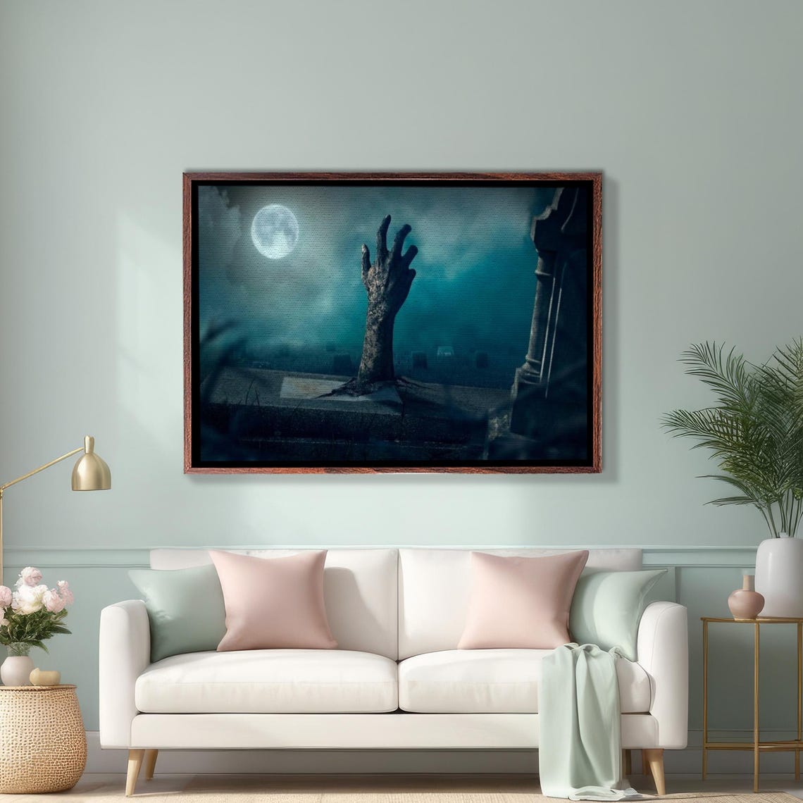 Zombie Hand Rising From Grave Under Full Moon Halloween Poster