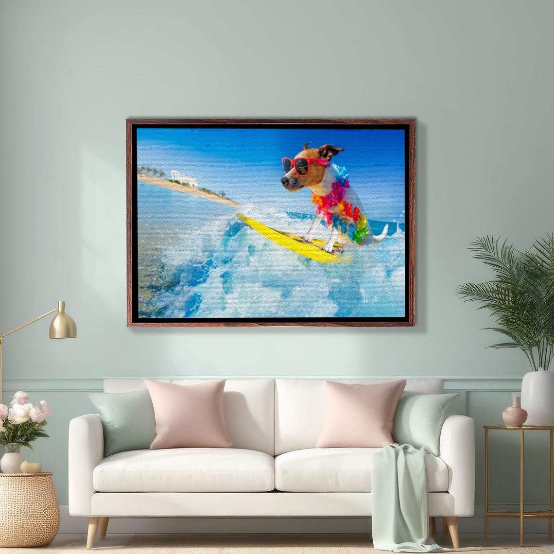 Happy Dog Surfing a Big Ocean Wave with Sunglasses and Lei Poster