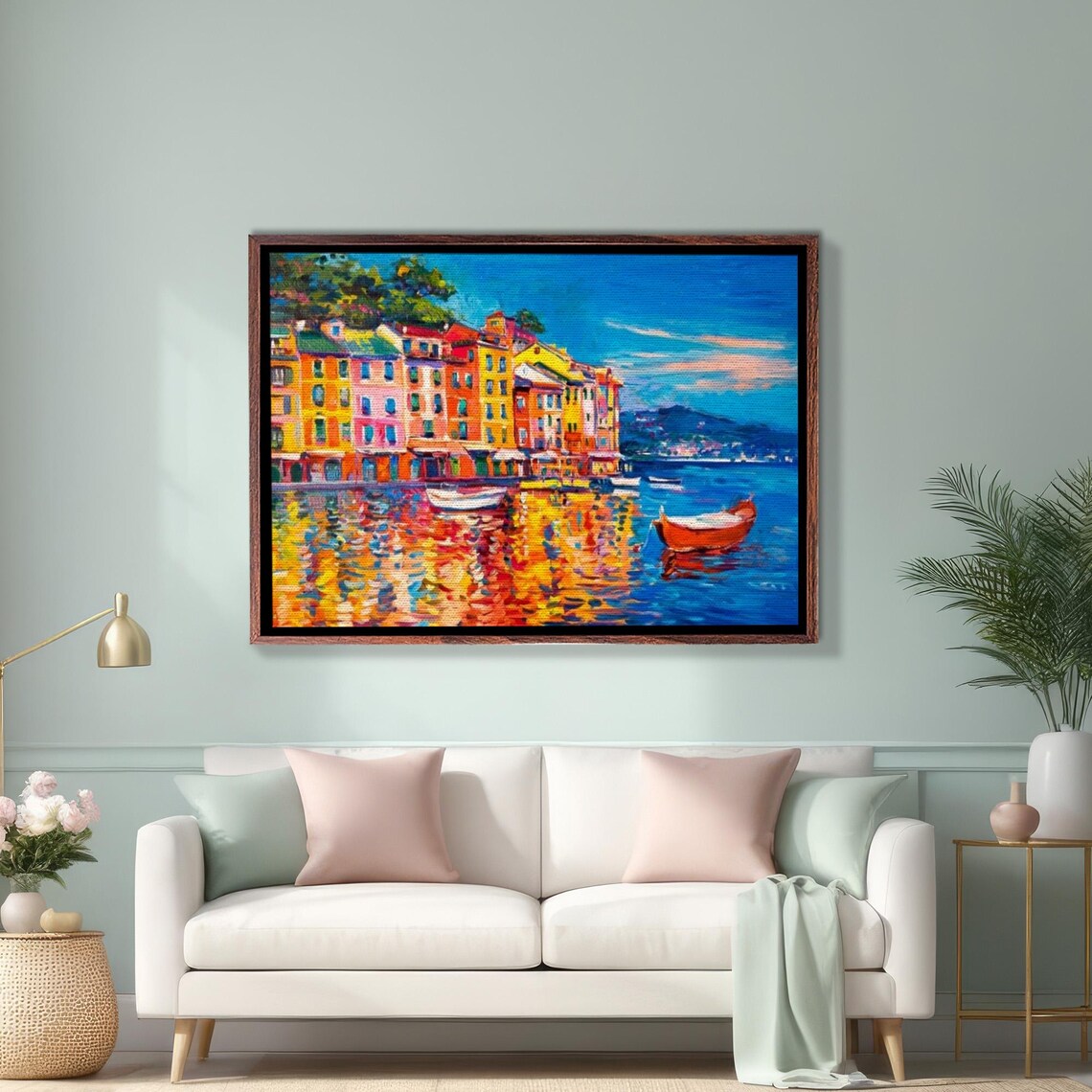 Colorful Italian Coastal Town With Boats Seaside Oil Painting Poster