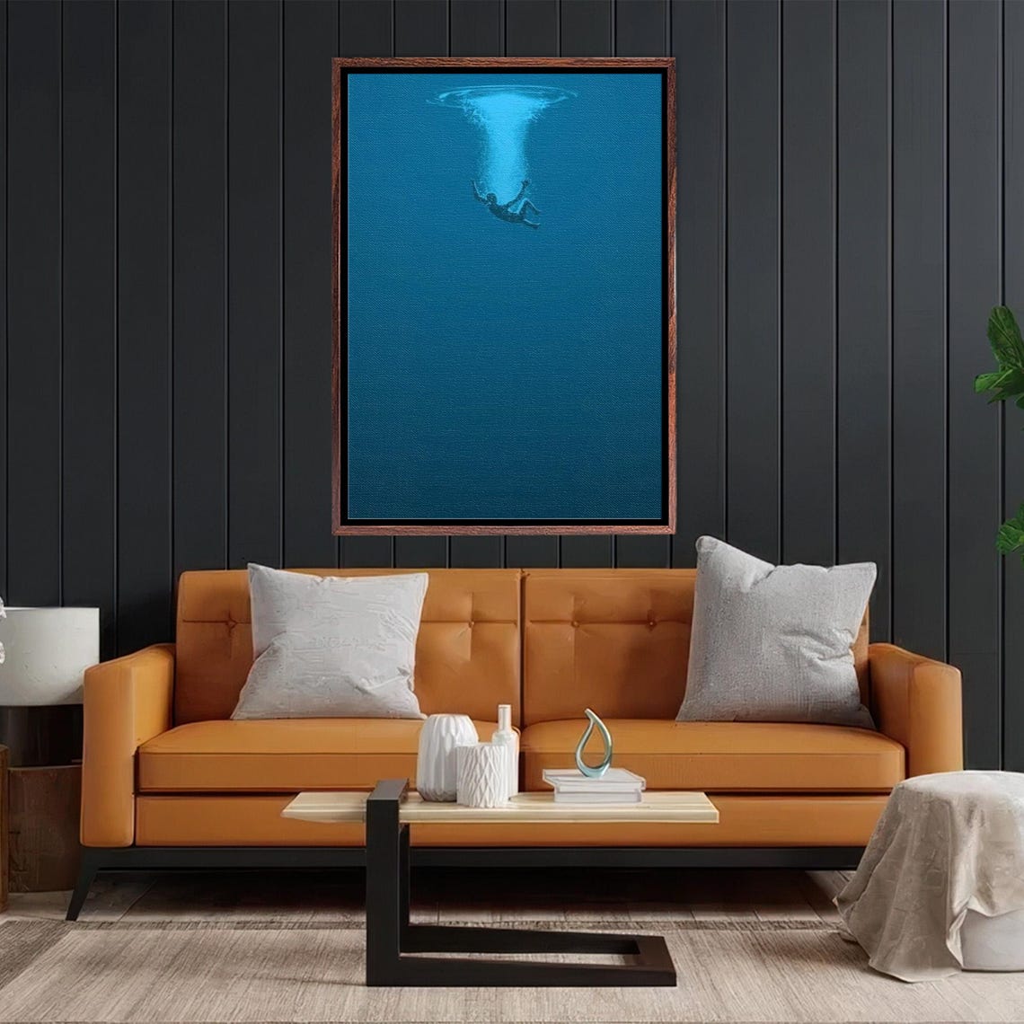Diver Sinking Into Deep Blue Ocean Minimalist Underwater Poster - Image 2