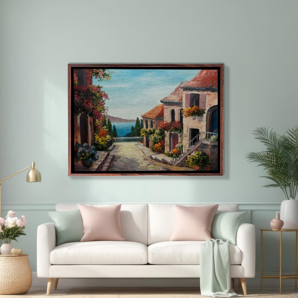 Charming Mediterranean Coastal Village Sea View Painting Poster