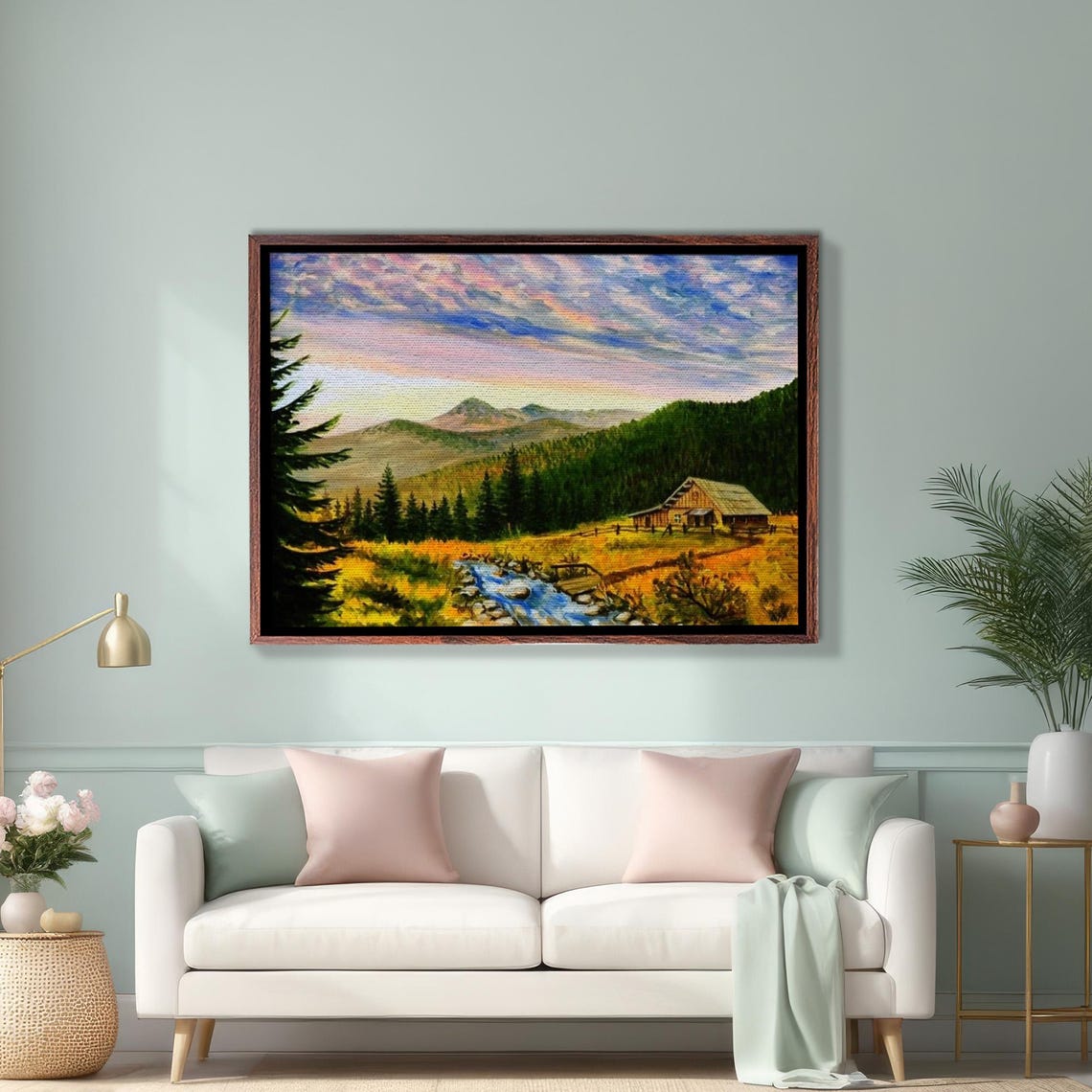 Carpathian Mountain Cabin by a Stream at Sunset Landscape Poster