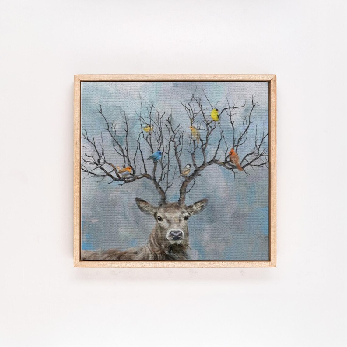 Deer Portrait With Colorful Birds Perched On Branching Antlers Poster - Image 4
