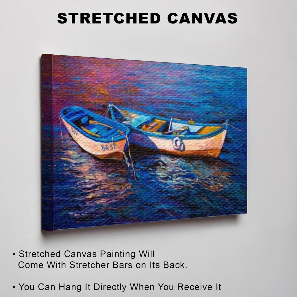 Two Fishing Boats On Shimmering Blue Sea Sunset Painting Poster - Image 3