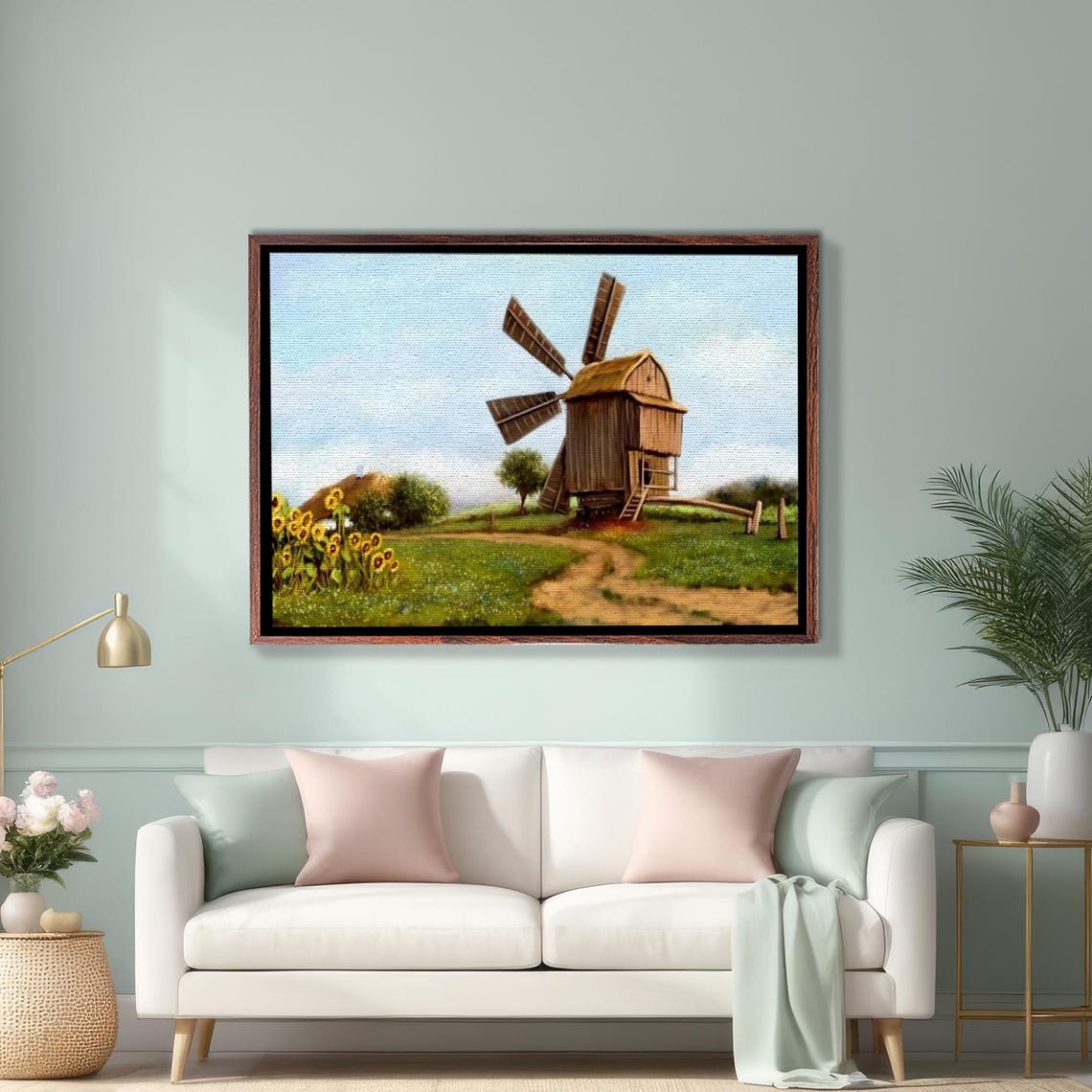 Rustic Wooden Windmill In Country Field With Sunflowers Poster