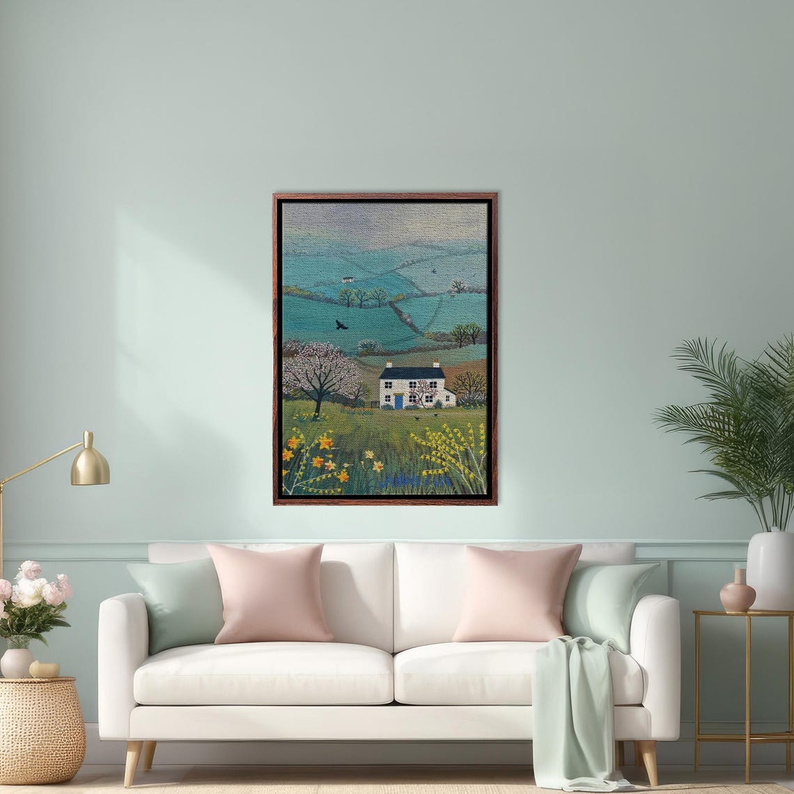 English Cottage Spring Blossoms Rolling Hills Landscape Poster