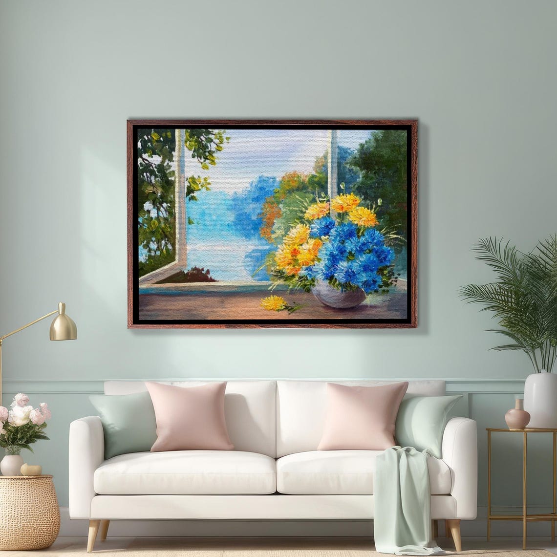 Colorful Cornflower Bouquet on Windowsill Overlooking Sea Poster