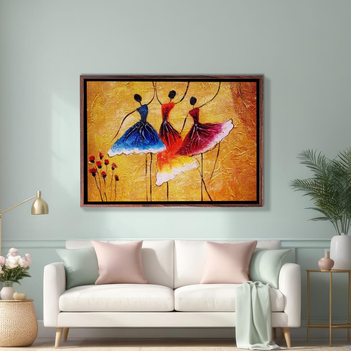 Three Flamenco Dancers Swirling Gowns Gold Background Poster