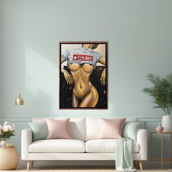 Tinder Logo T-Shirt Woman Torso Oil Painting Style Art Poster