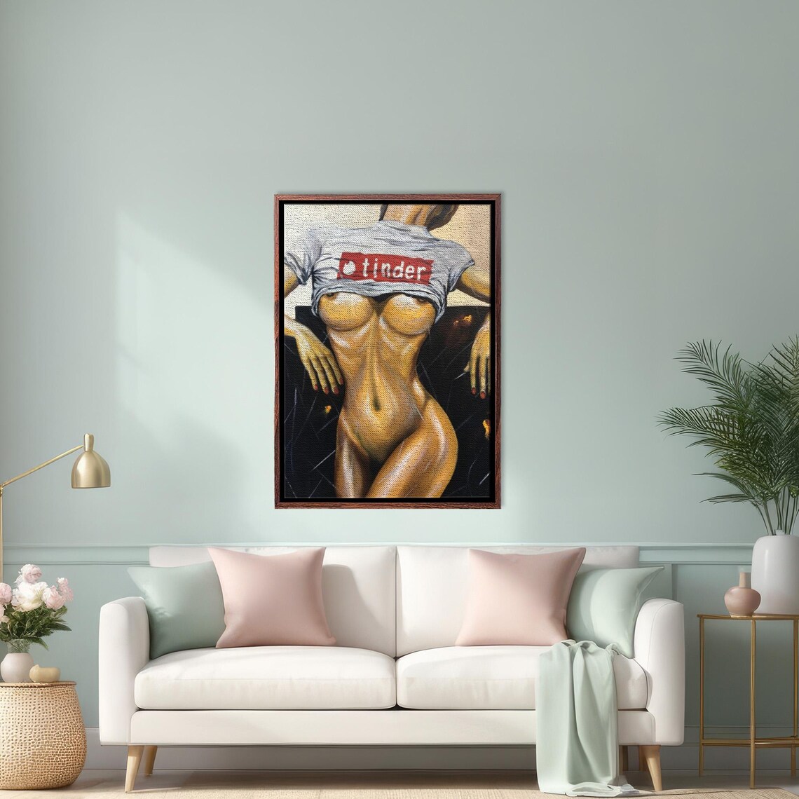 Tinder Logo T-Shirt Woman Torso Oil Painting Style Art Poster