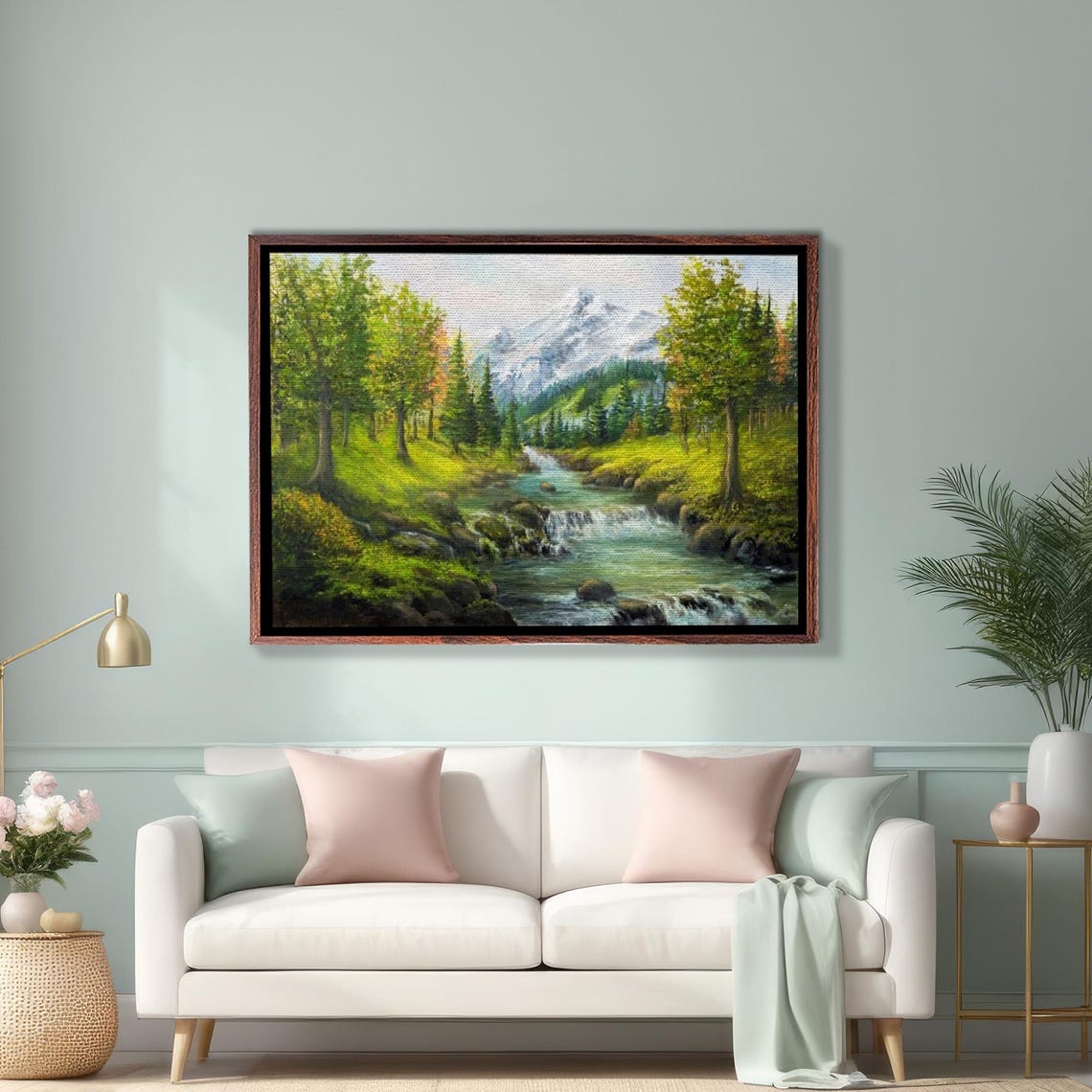Mountain Stream With Snowy Peaks Landscape Painting Art Poster