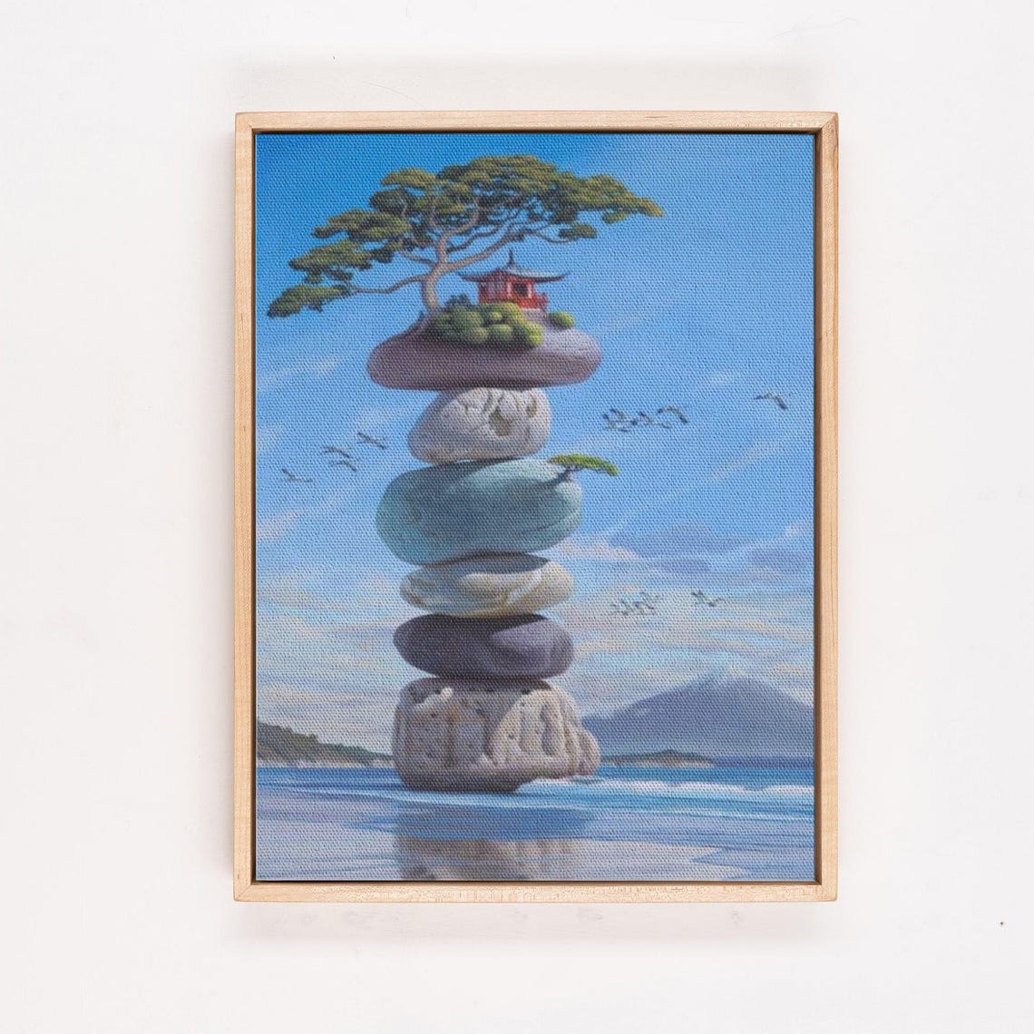 Surreal Stacked Zen Stones Tower with Pagoda by the Sea Poster - Image 4