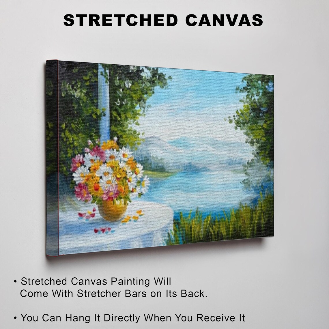 Flower Bouquet In Gold Vase Overlooking Serene Lake View Poster - Image 3
