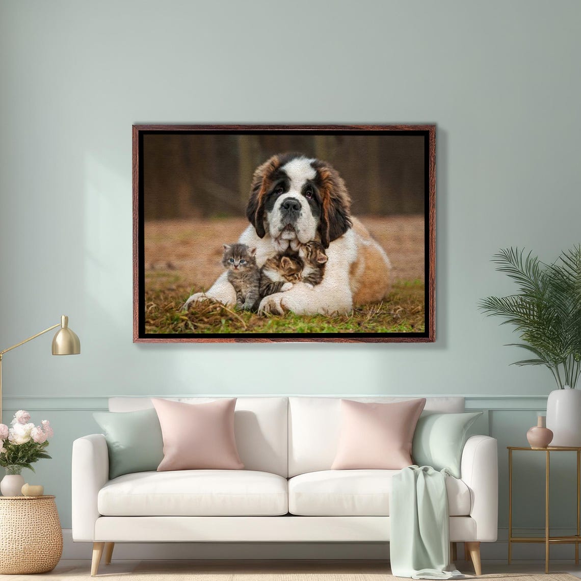 Saint Bernard Dog With Two Tiny Kittens Outdoor Photography Poster