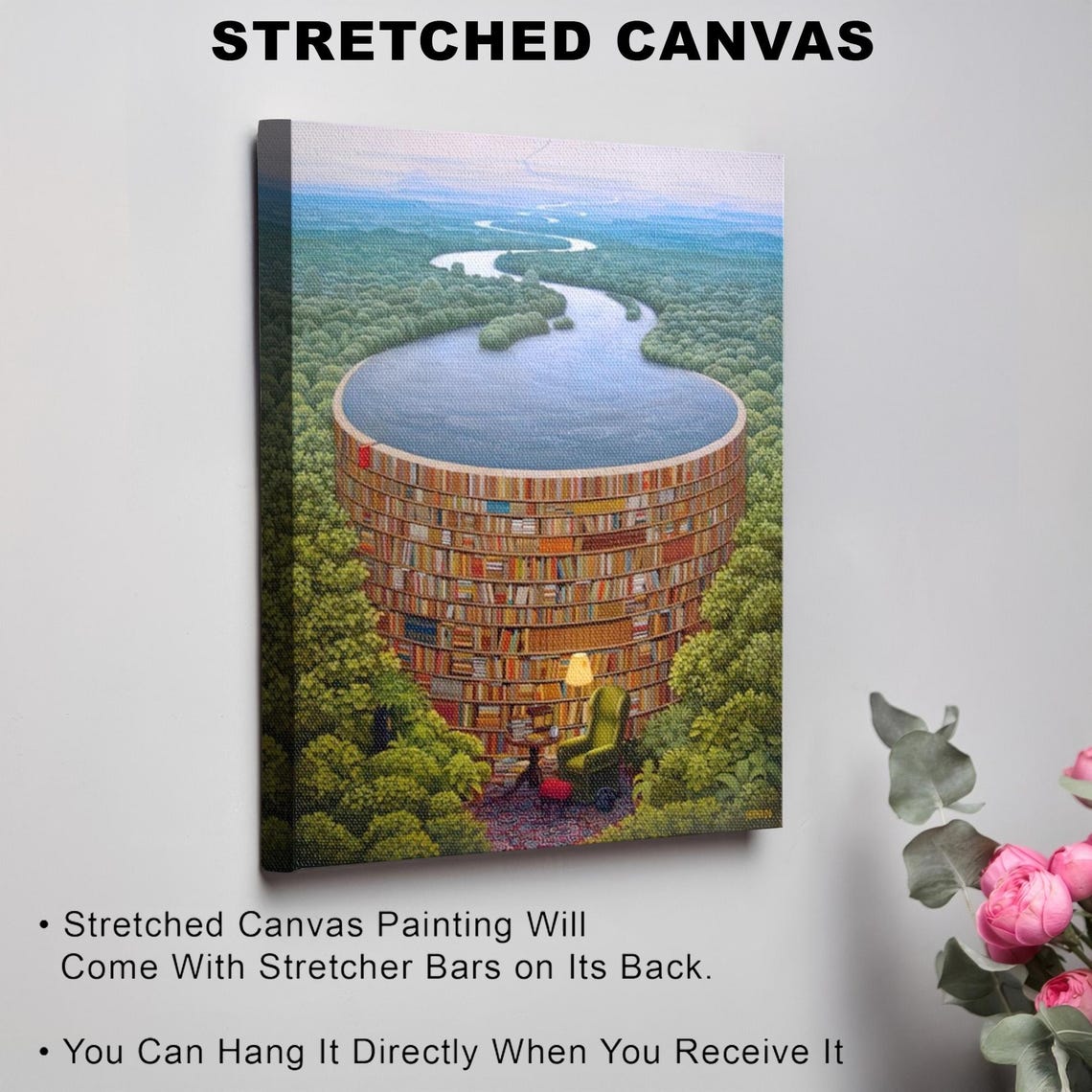 Surreal Forest Library Cup With Winding River Painting Poster - Image 3