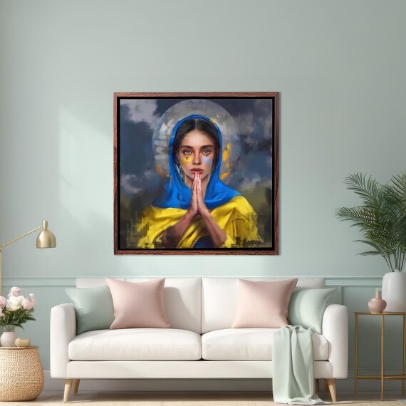 Praying Woman in Blue and Yellow Wrapped in Faith Portrait Poster