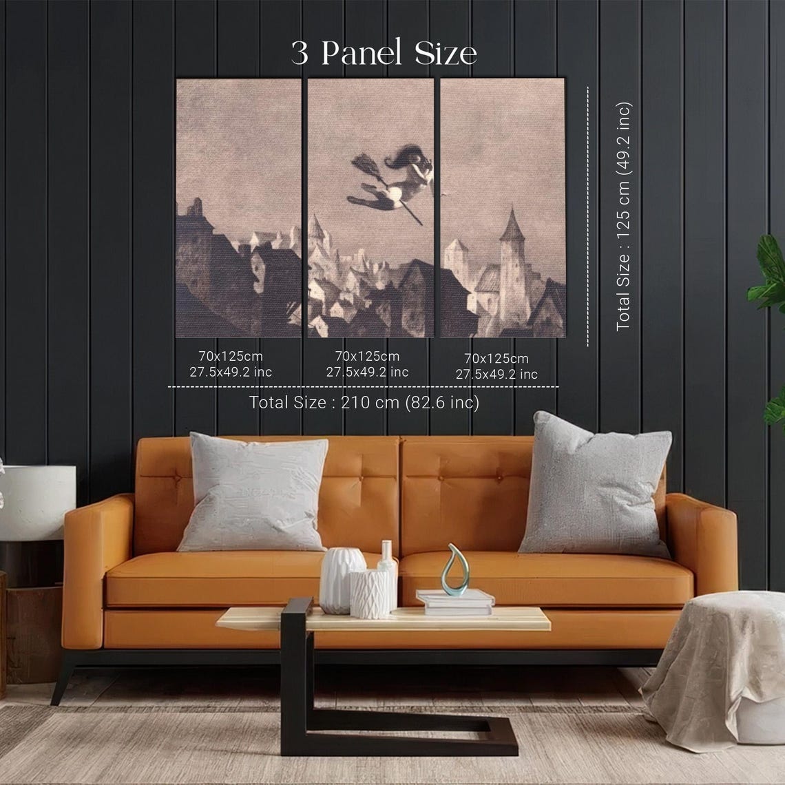 Lonely Witch Flying on Broomstick Over Old Town Vintage Art Poster - Image 2