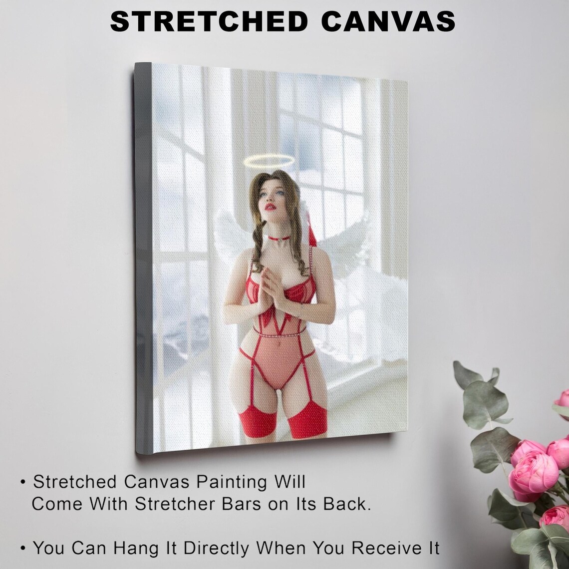 Angel Woman with Halo in Red Lingerie Dark Fantasy Art Poster - Image 3
