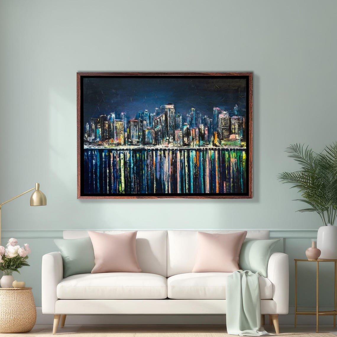 Glowing City Skyline at Night Water Reflections Oil Painting Poster