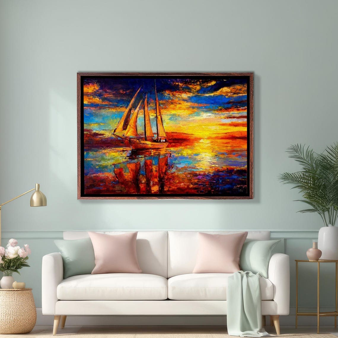 Tall Sailing Ship At Fiery Orange Sunset Dramatic Seascape Poster