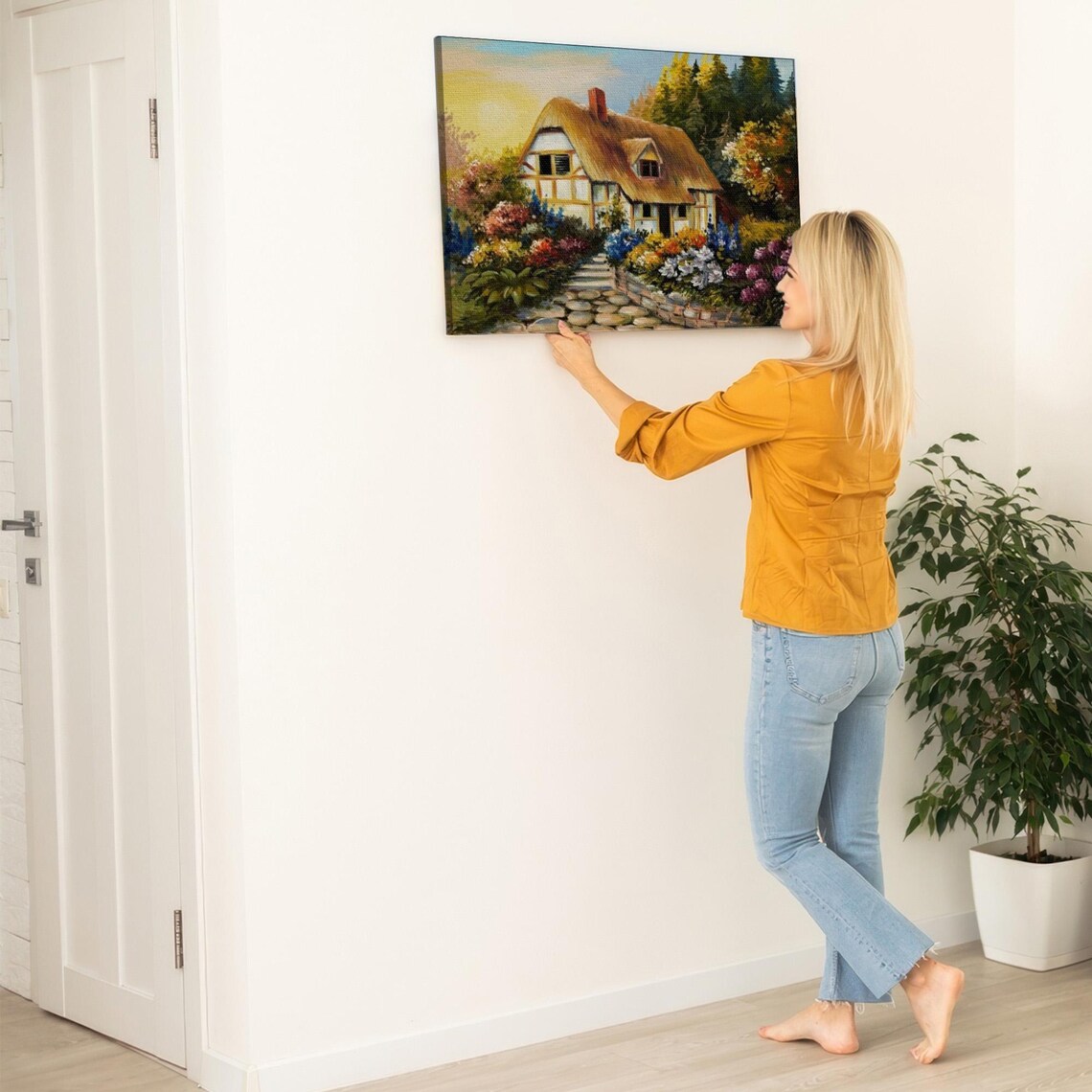 Thatched Roof Cottage Garden Blooming Flowers Sunset Painting Poster - Image 5