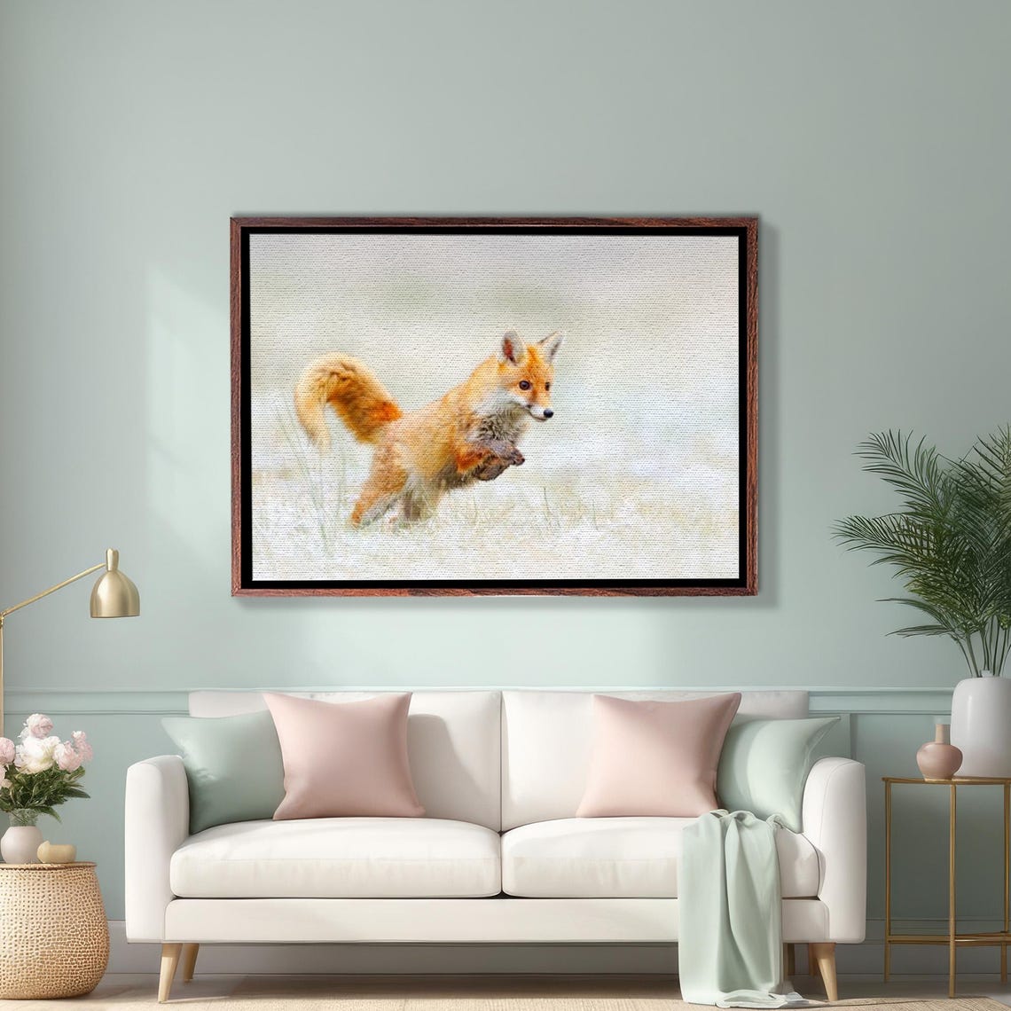 Red Fox Leaping Through Fresh Snow in Winter Wildlife Art Poster