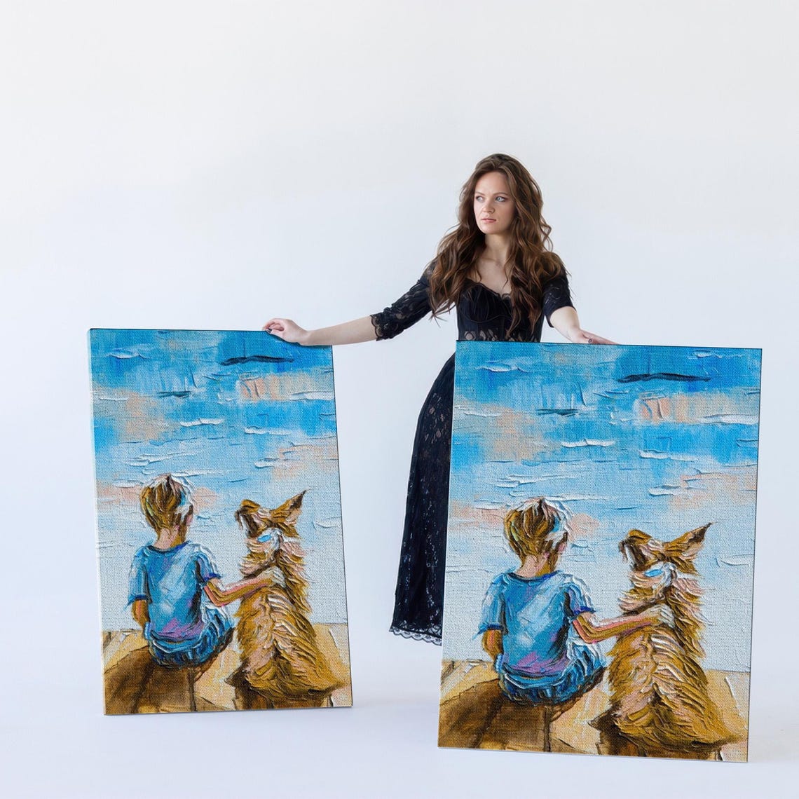 Child And Dog Sitting Together By The Lake Oil Painting Style Poster - Image 5