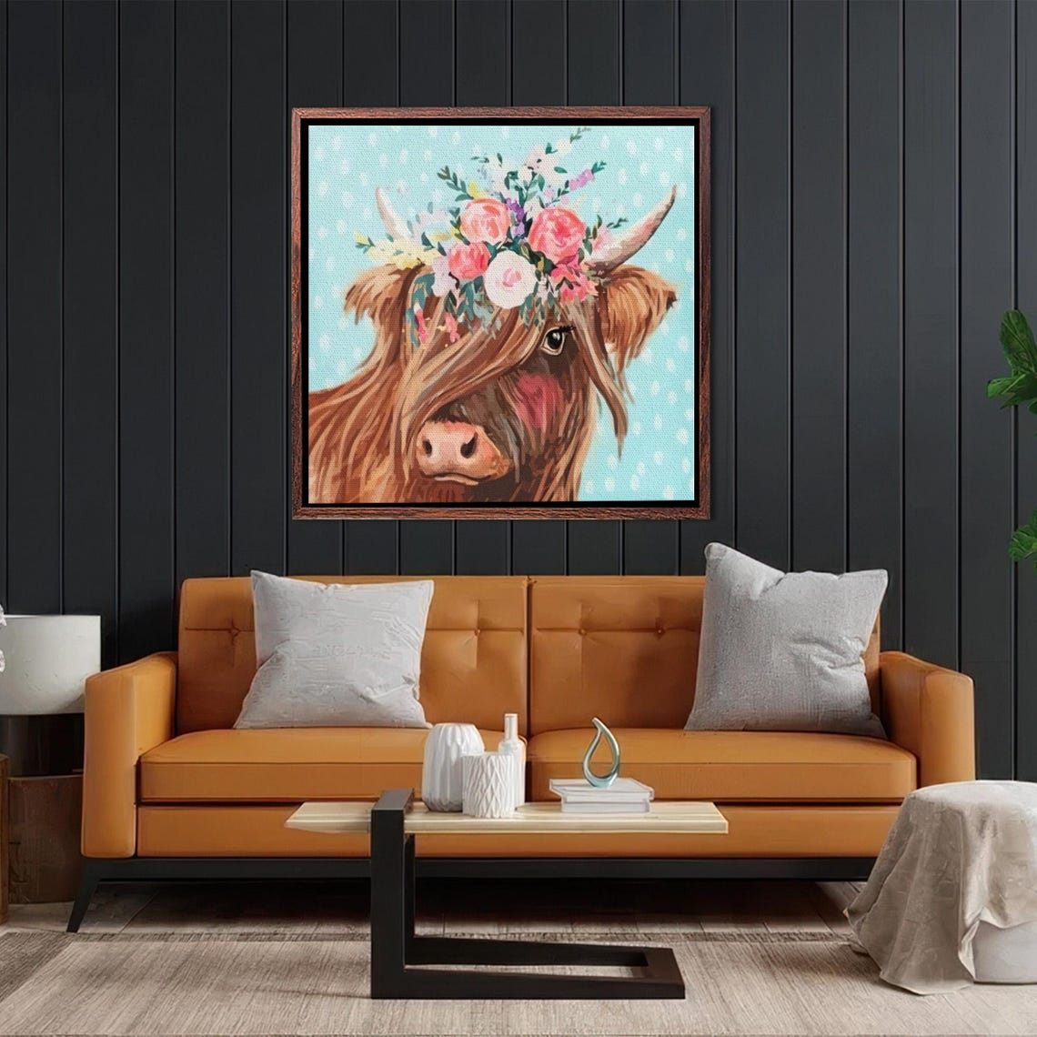 Highland Cow With Pink Flower Crown On Teal Background Poster - Image 2