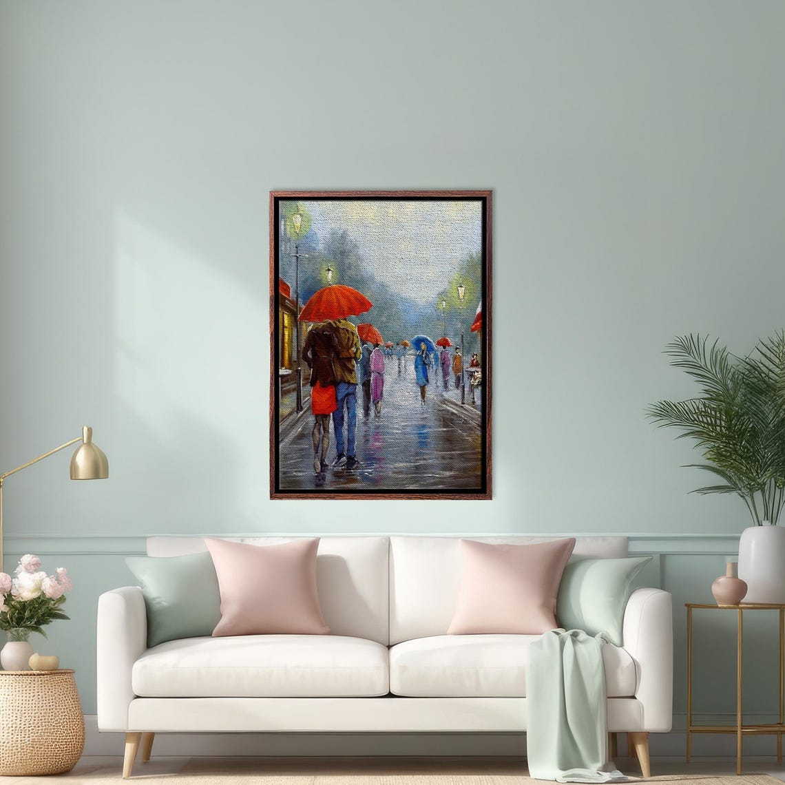 Romantic Couple Under Red Umbrella Walking In Rainy Street Poster