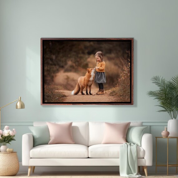 Little Girl Feeding a Red Fox on Forest Path Photo Art Poster