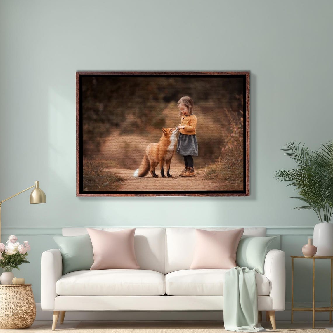 Little Girl Feeding a Red Fox on Forest Path Photo Art Poster