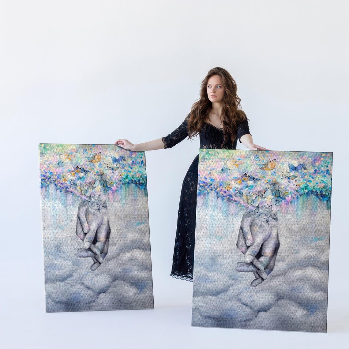 Surreal Cupped Hands Releasing Butterflies From Cloudy Sky Poster - Image 5