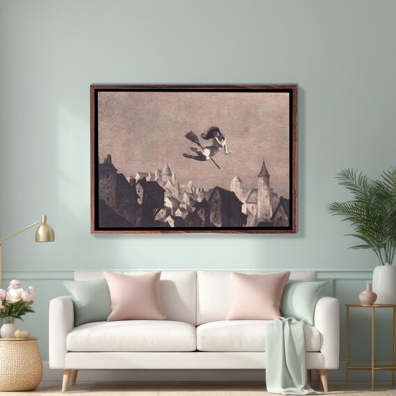 Lonely Witch Flying on Broomstick Over Old Town Vintage Art Poster