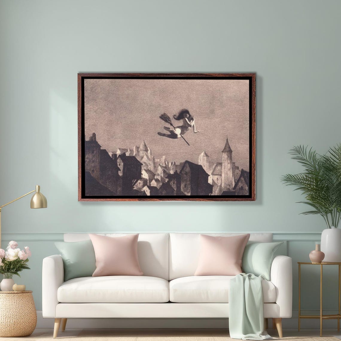 Lonely Witch Flying on Broomstick Over Old Town Vintage Art Poster