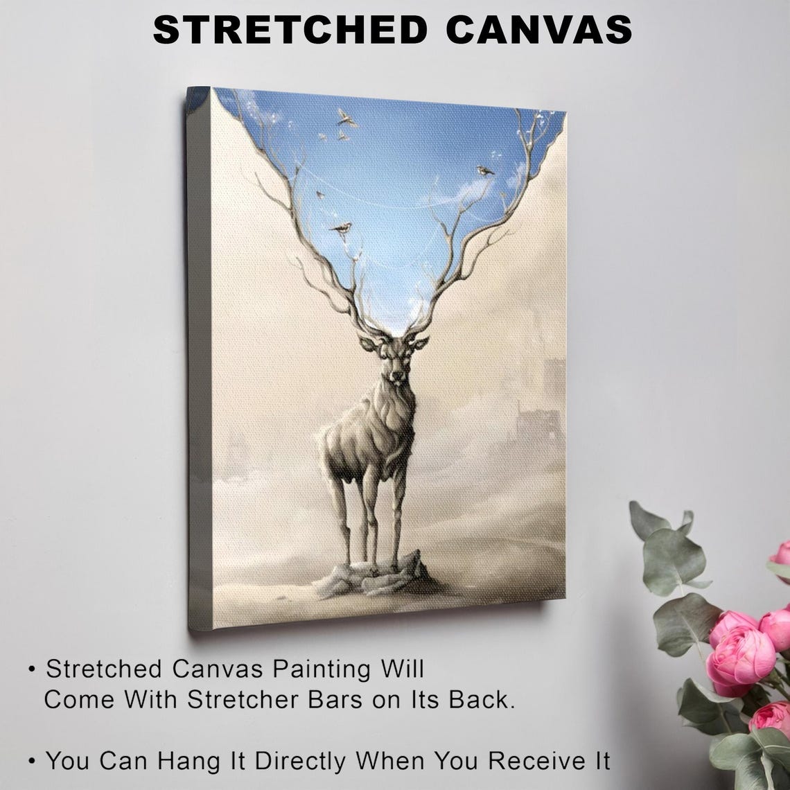 Surreal Deer with Antlers Dissolving into Birds and Blue Sky Poster - Image 3