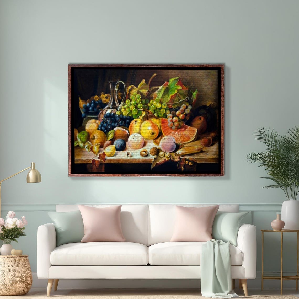 Classic Fruit Still Life Grapes Melon Pitcher Vintage Painting Poster