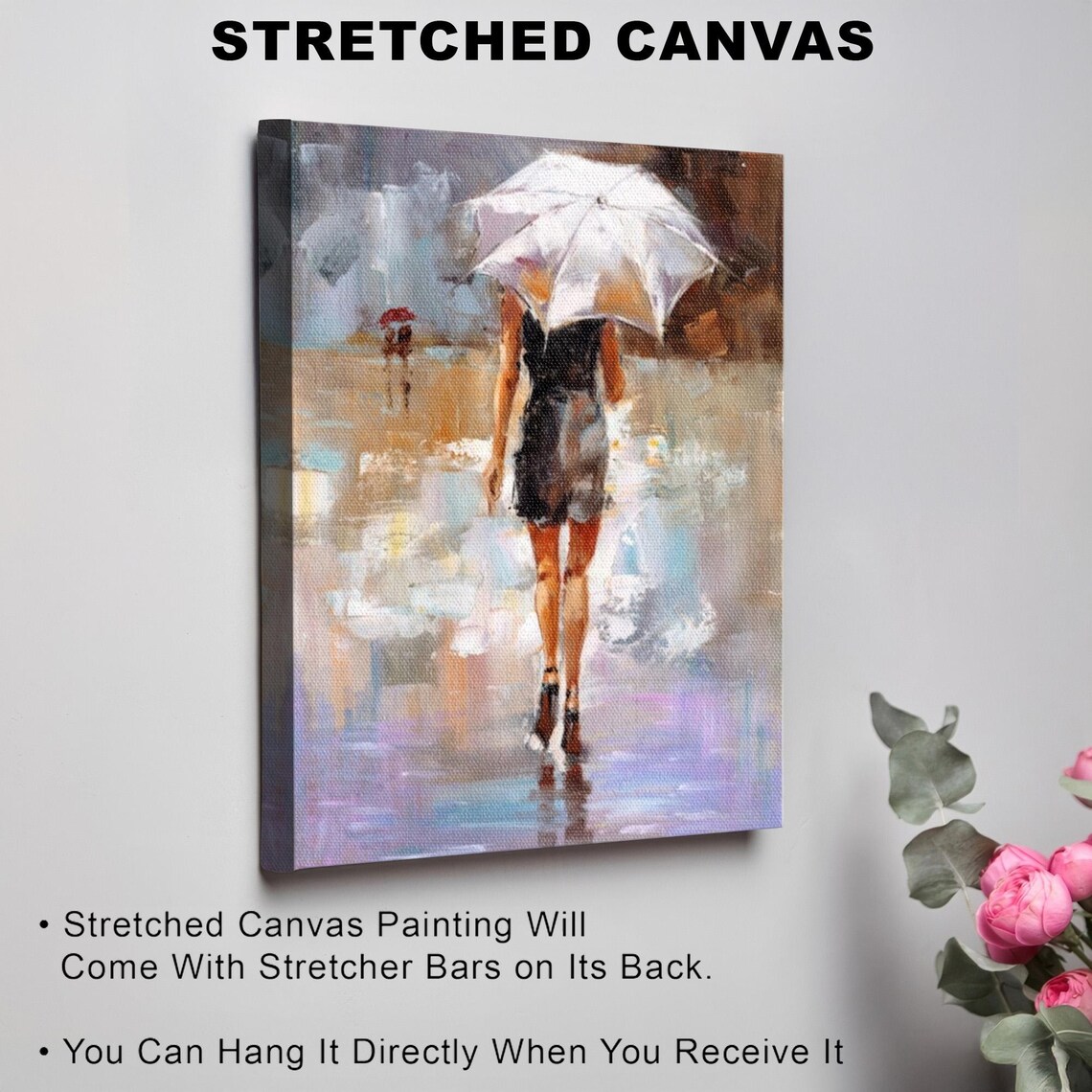 Woman With White Umbrella Walking In The Rain Oil Painting Art Poster - Image 3