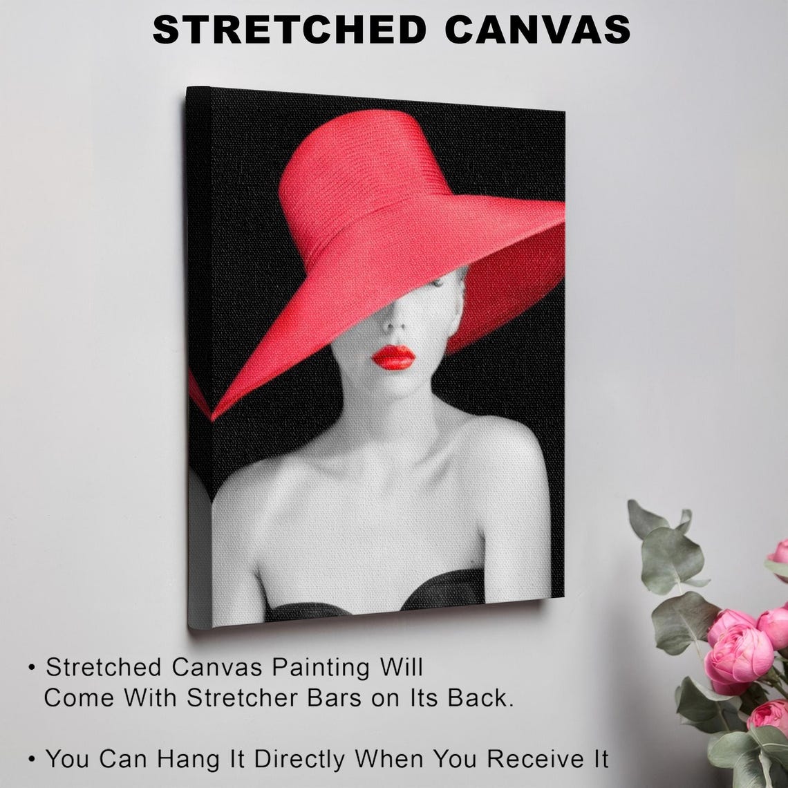 Elegant Woman in Red Hat and Red Lips Black Background Poster - Image 3