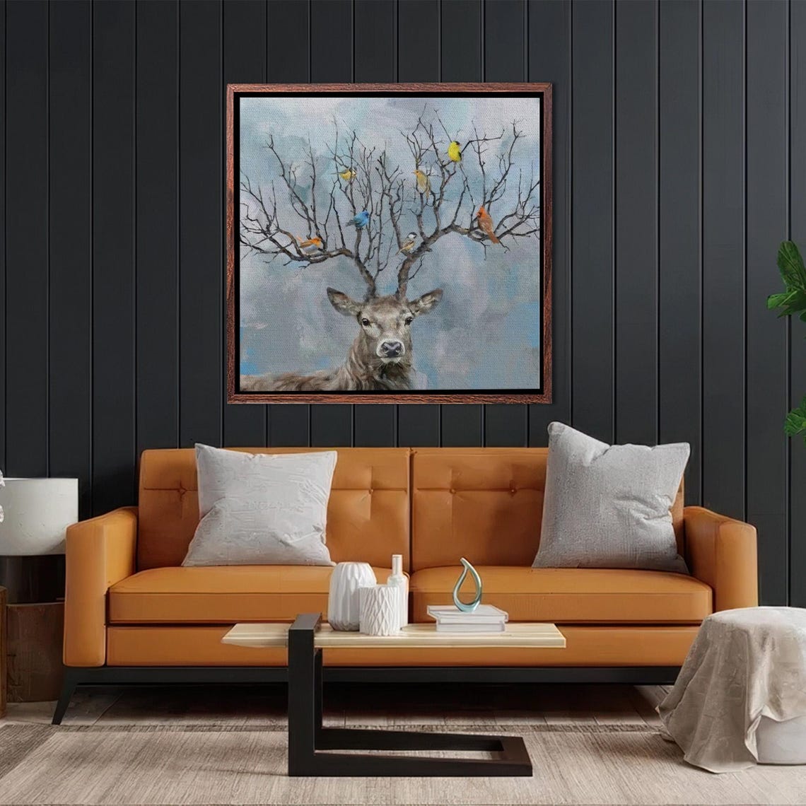 Deer Portrait With Colorful Birds Perched On Branching Antlers Poster - Image 2