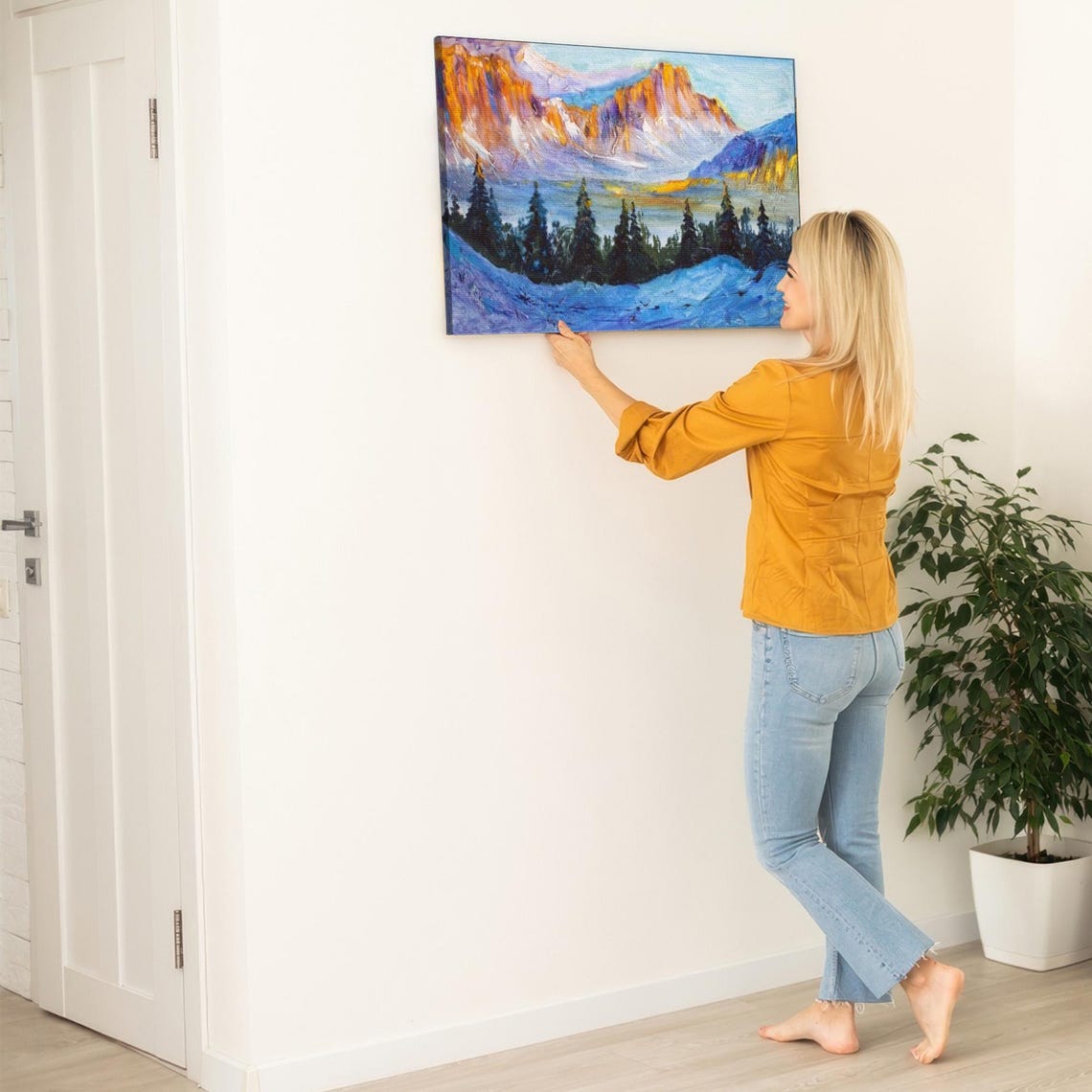 Snowy Mountain Peaks Glowing Sunset Winter Landscape Wall Art - Image 5