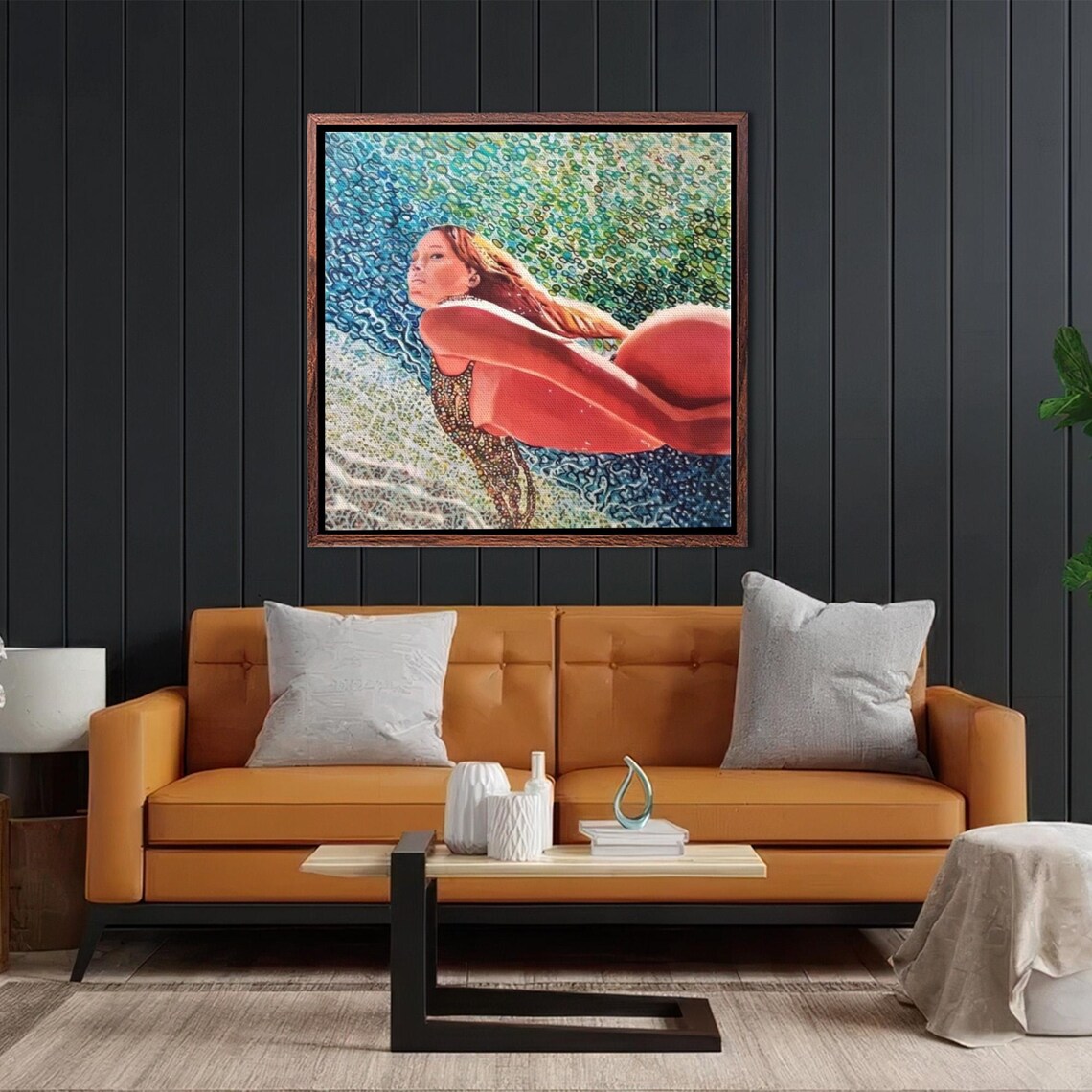 Woman Swimming Underwater in Mosaic Turquoise Ocean Art Poster - Image 2